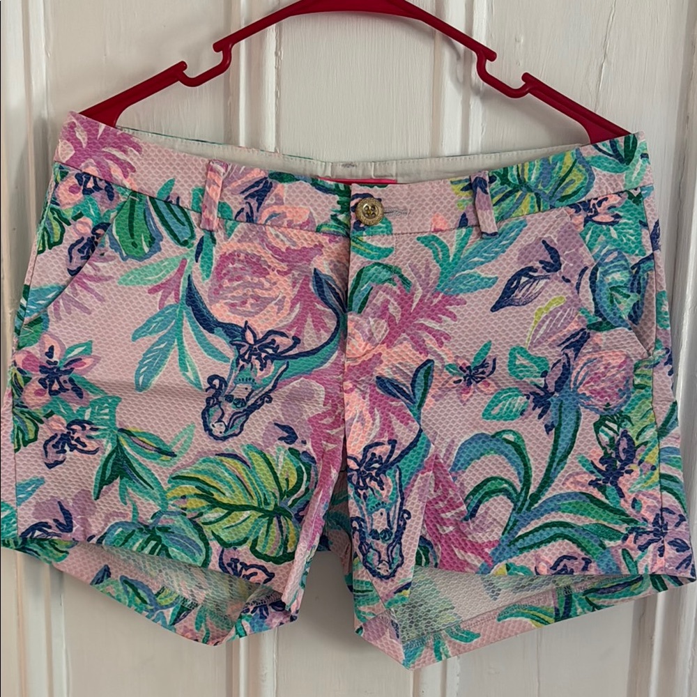Lilly Pulitzer Pink and Blue Bermuda Shorts Vibrant Tropical Print